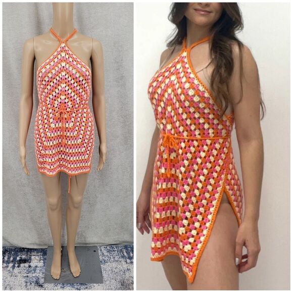 Davi & Dani Multicolor Orange Pink Crochet Halter Layered Wrap Tie Waist Dress - Picture 3 of 13